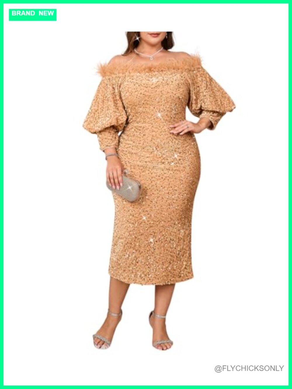 Sequin Off Shoulder Puff Sleeve Bodycon Midi Dress Formal Party Cocktail